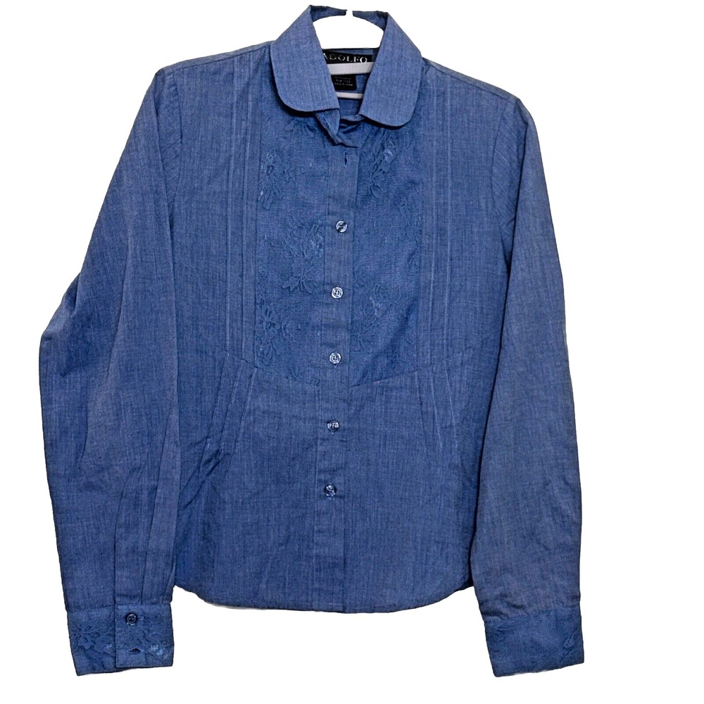 Adolfo Chambray Blue Button-up Pleated Blouse Lace‎ Front and Cuff Women Size S